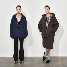 NUTH宽松廓形中长款连帽拉链卫衣外套女 藏蓝色/花灰色/深棕色