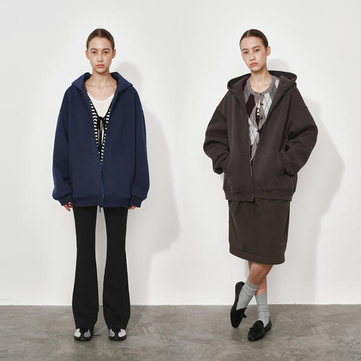 NUTH宽松廓形中长款连帽拉链卫衣外套女 藏蓝色/花灰色/深棕色 商品图0