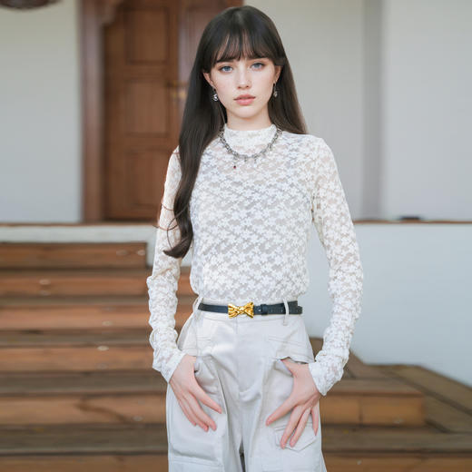 谜底蕾丝T恤长袖女2025秋新款复古文艺提花薄款内搭上衣257MT7858 商品图0