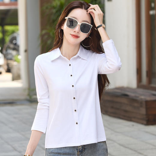 雀说新款纯色翻领长袖t恤女韩版纽扣纯棉Polo衫上衣AL9888 商品图2