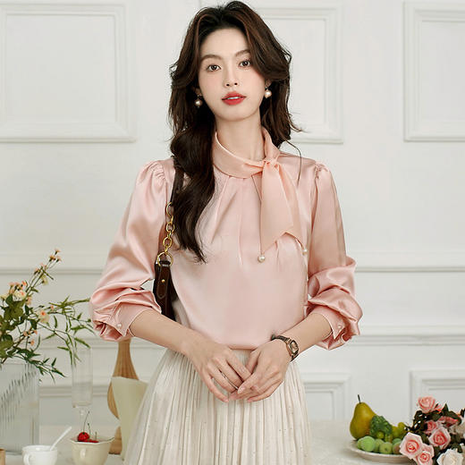 AHM hxe1514法式温柔领口蝴蝶结衬衫复古垂感通勤上衣 商品图0