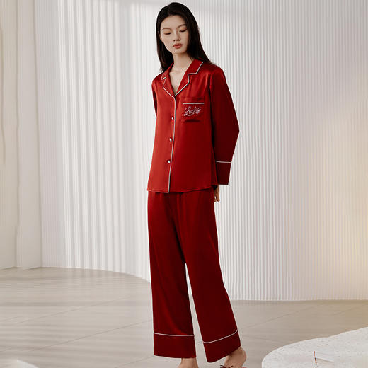 【送礼物】22姆米真丝睡衣女100%桑蚕丝红色烫砖婚庆家居服金三塔 YSFFD207 商品图3