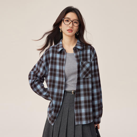 【09/03新品】熙世界旷野复古格纹衬衫女秋冬2025年新款休闲慵懒风宽松衬衣外套 商品图3