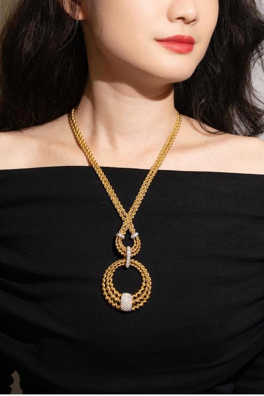 独角鹿西洋古董1985年代法国顶级珠宝世家宝诗龙Boucheron出品18K黄金及铂金镶嵌钻石双链吊坠造型编织纹理项链 商品图1