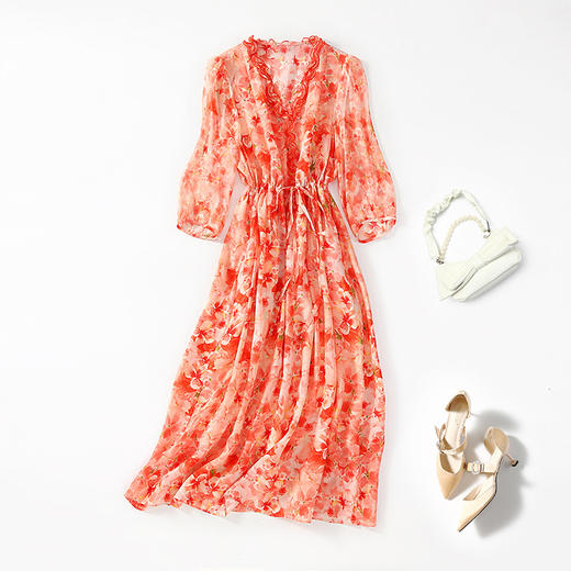 丁摩 花边V领法式抽绳收腰印花仙气真丝连衣裙90470 商品图4