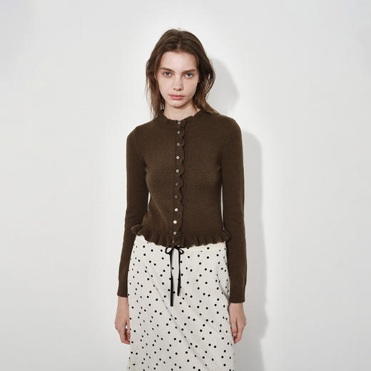 NUTH羊毛混纺正肩短款修身显瘦针织开衫女 深咖色/粉色/奶油白色 商品图4