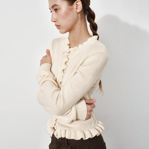 NUTH羊毛混纺正肩短款修身显瘦针织开衫女 深咖色/粉色/奶油白色 商品图6