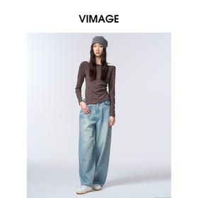 VIMAGE纬漫纪一字领休闲通勤简约T恤不对称长袖上衣2025秋季新款T恤V2402103