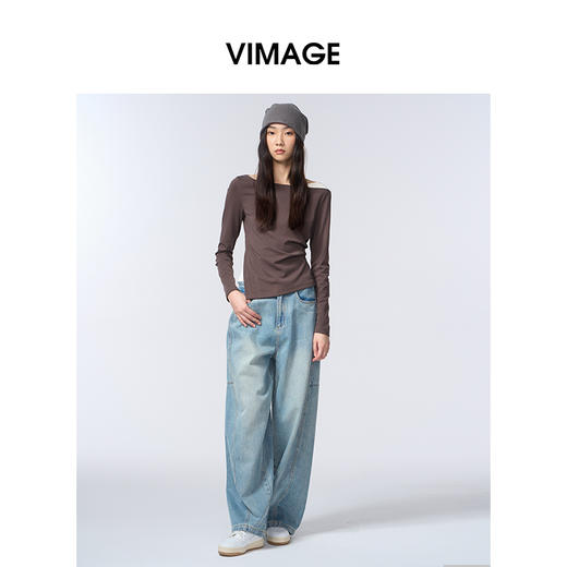 VIMAGE纬漫纪一字领休闲通勤简约T恤不对称长袖上衣2025秋季新款T恤V2402103 商品图0