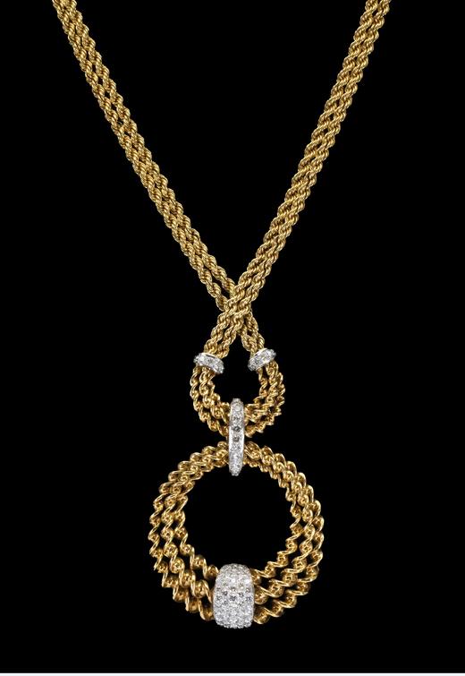 独角鹿西洋古董1985年代法国顶级珠宝世家宝诗龙Boucheron出品18K黄金及铂金镶嵌钻石双链吊坠造型编织纹理项链 商品图5