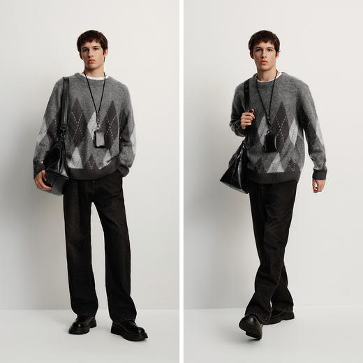 森马毛衫男冬季仿马海毛格纹提花针织衫2025新款复古学院风情侣装 商品图4