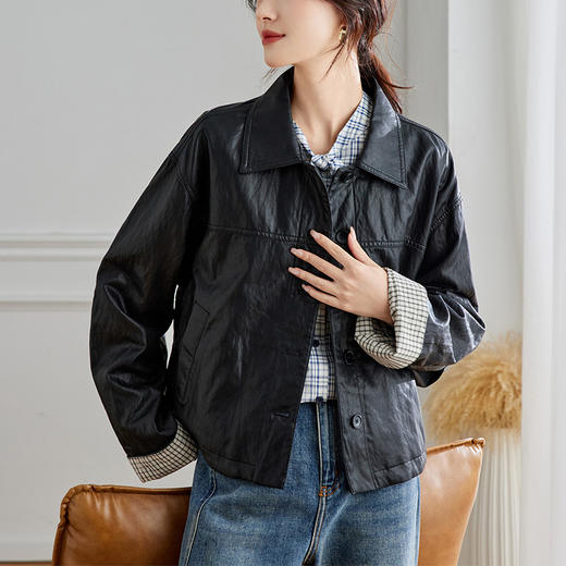馥迦摩登通勤格子袖休闲翻领皮衣外套 商品图10