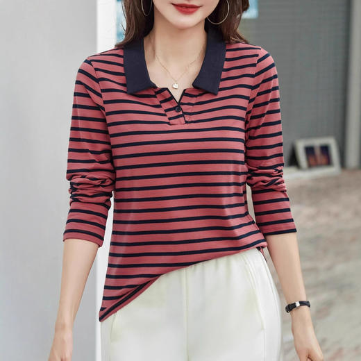 百媚生 棉质条纹翻领长袖T恤打底衫537 商品图4