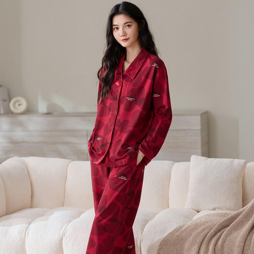 雀说 纯棉红色睡衣女春秋季长袖长裤家居服两件套 商品图1