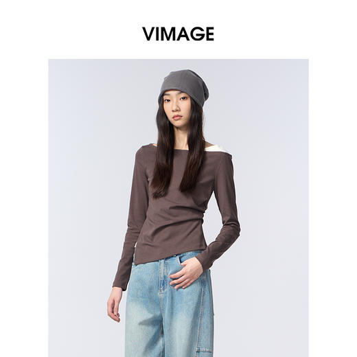 VIMAGE纬漫纪一字领休闲通勤简约T恤不对称长袖上衣2025秋季新款T恤V2402103 商品图1