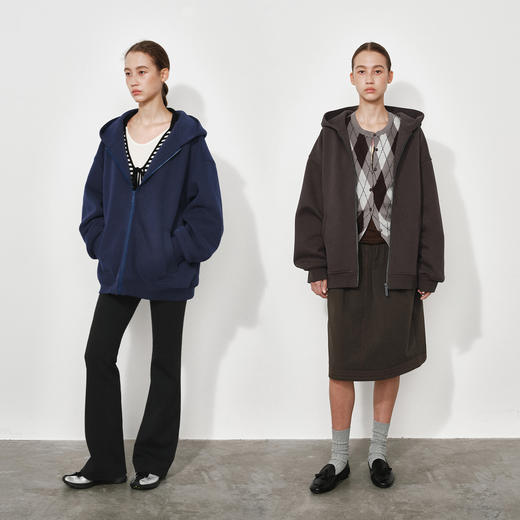 NUTH宽松廓形中长款连帽拉链卫衣外套女 藏蓝色/花灰色/深棕色 商品图4