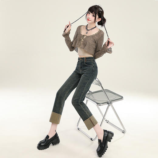 百媚生 直筒牛仔裤女高腰显瘦卷边九分小个子烟管裤子QYL-3733 商品图2