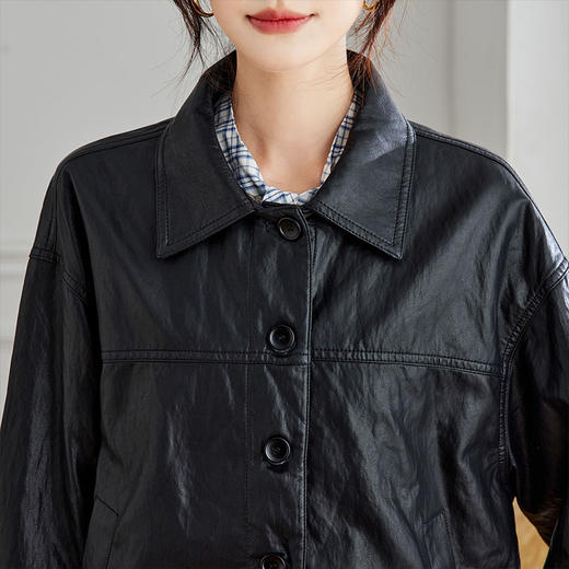 馥迦摩登通勤格子袖休闲翻领皮衣外套 商品图7