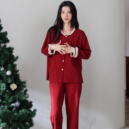 雀说 纯棉红色睡衣女春秋季长袖长裤家居服两件套 商品图0