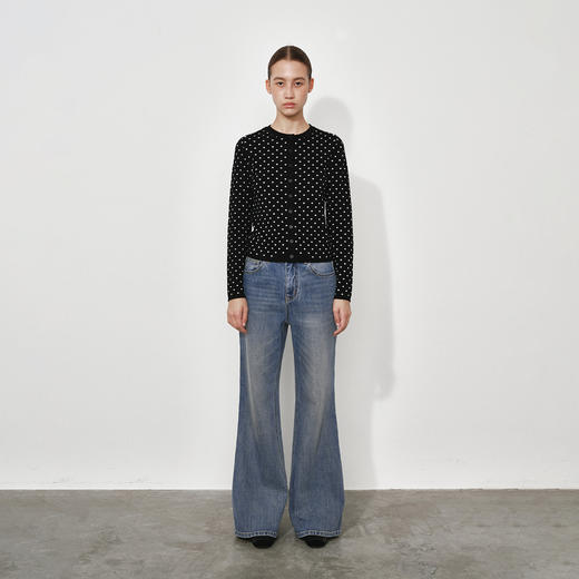 NUTH美利奴羊毛黑白波点修身短款长袖针织开衫女 商品图4