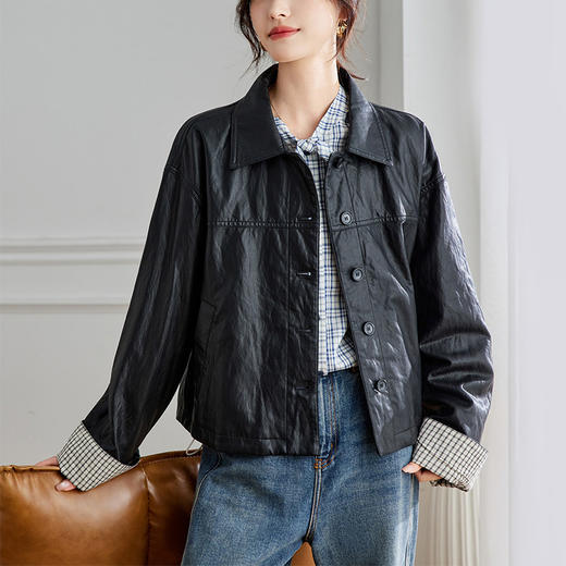 馥迦摩登通勤格子袖休闲翻领皮衣外套 商品图1