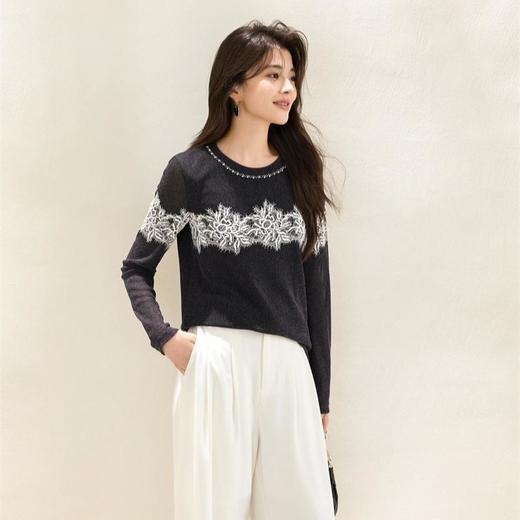 「自」全新升级【铂金会员165/天猫219/差价54】(13624)洛诗琳韩系圆领蕾丝拼接上衣2025秋季新款气质钉珠打底衫 商品图0