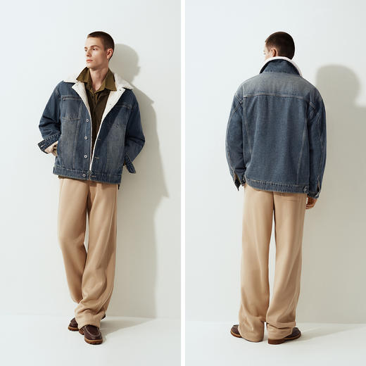 森马牛仔外套男冬季棉服2025新款街头复古做旧仿羊羔毛翻领夹克潮 商品图4