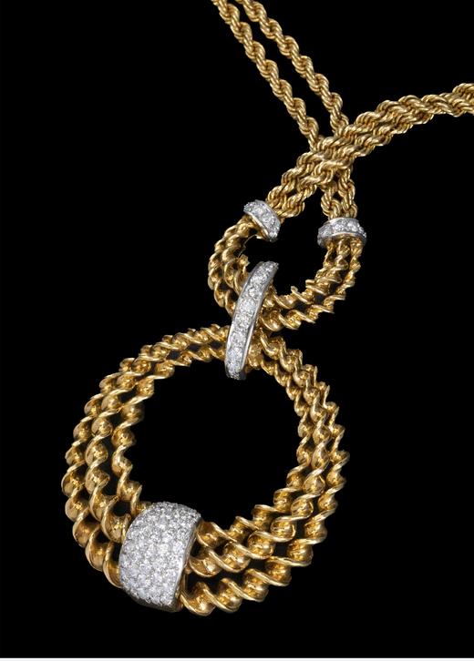 独角鹿西洋古董1985年代法国顶级珠宝世家宝诗龙Boucheron出品18K黄金及铂金镶嵌钻石双链吊坠造型编织纹理项链 商品图6