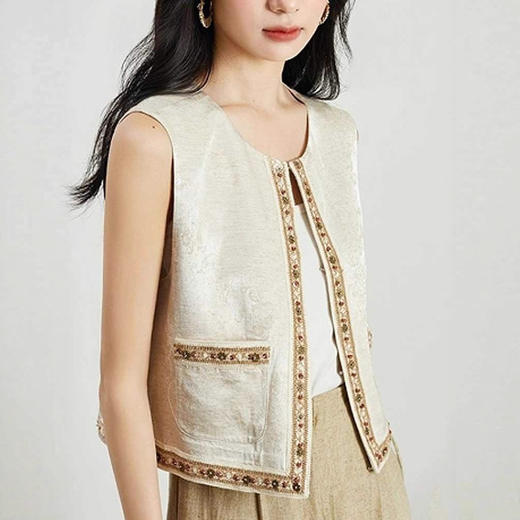 雀说新品复古波西米亚风织花边马夹外套叠穿提花无袖背心马甲AL 商品图0