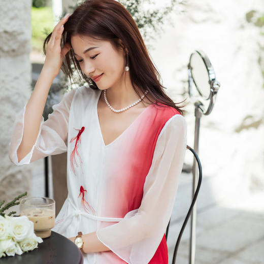 【林栖设计小店】【林栖推荐】锦鲤渐变色桑蚕丝连衣裙 夏季新款气质V领长裙N1953319 商品图8