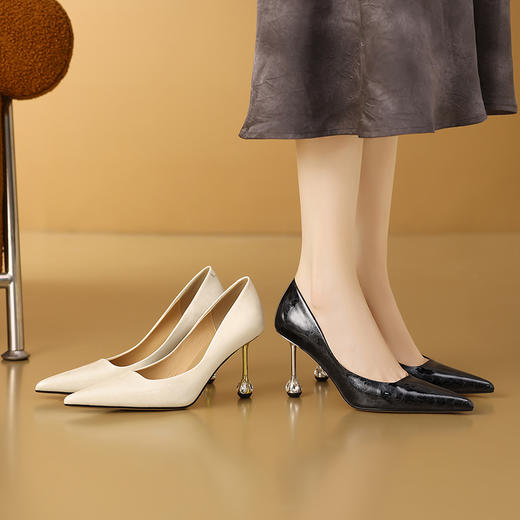 【预售7天】法式黑色高跟鞋女秋新款真皮尖头细跟名媛气质浅口通勤单鞋CX&A812 商品图2