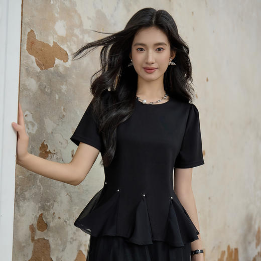 奢姿大码女装2026夏季减龄钻饰荷叶边拼接T恤胖妹妹时尚百搭上衣 商品图1