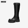 MIO米奥骑士靴圆头高跟黑色皮革扣带百搭长筒女靴M255852118 商品缩略图0