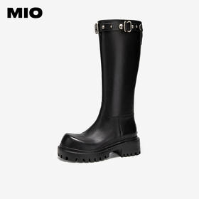 MIO米奥骑士靴圆头高跟黑色皮革扣带百搭长筒女靴M255852118