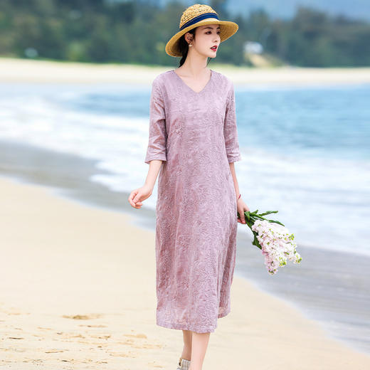 丁摩 纯棉原创重工刺绣V领连衣裙七分袖文艺复古宽松中长A字裙S505 商品图1