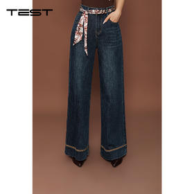 秋上新深蓝色高腰阔腿精致绣花点缀牛仔裤3253039