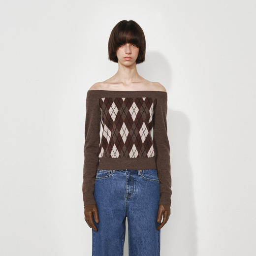 1.15上午10点8.8折！NUTH美利奴羊毛格纹撞色长袖一字领露肩短款针织毛衣女 商品图1