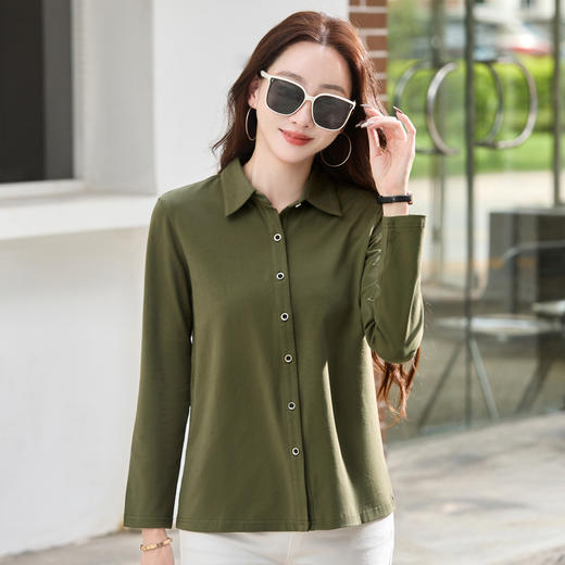 雀说新款纯色翻领长袖t恤女韩版纽扣纯棉Polo衫上衣AL9888 商品图3