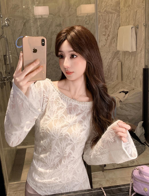 张心子【心动赴约】珍珠圆领竹叶纹蕾丝上衣 U2509035 商品图8