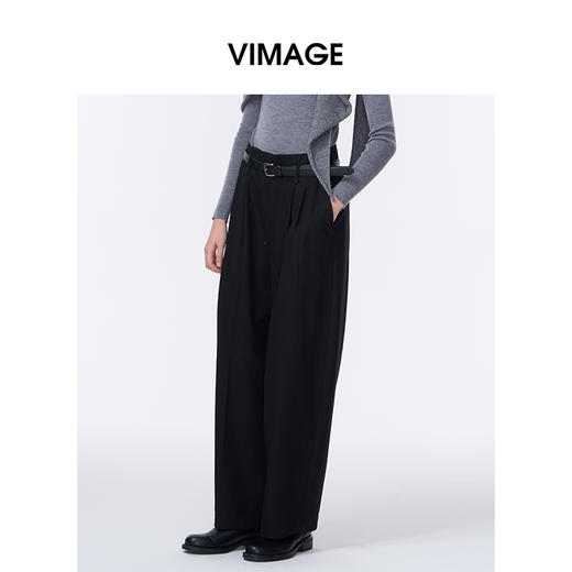 VIMAGE纬漫纪显瘦垂坠感休闲松弛直筒长裤黑色阔腿裤2025秋季新款V2405110 商品图2