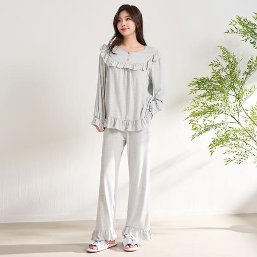爱帝女士绵柔花纱长袖家居服宽松减龄荷叶边睡衣套 商品图4