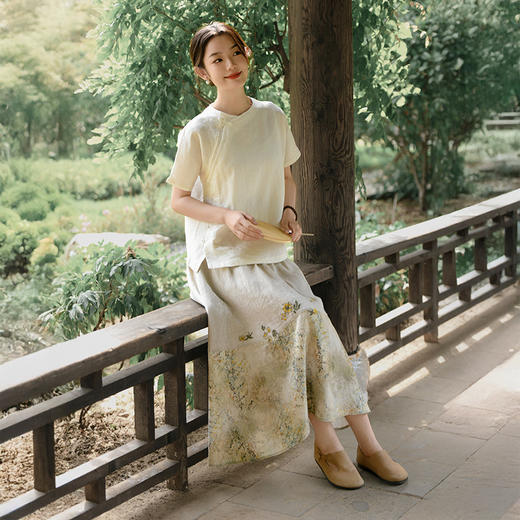 A6529国风雨露麻半身裙新中式女装亚麻半身裙夏季新款高级气质感国风印花a字裙 商品图2