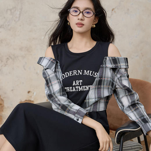 奢姿大码女装2025秋季减龄格纹字母印花两件套胖妹妹时尚圆领套装9953935147 商品图2