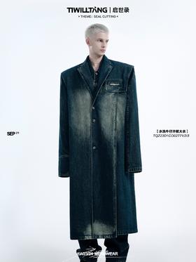 TIWILLTANG启世录“圣迹淬炼“水洗牛仔异形结构开衩大衣外套长款