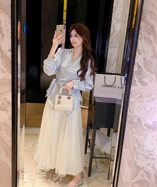 张心子【白月皎洁】温柔百搭仙气亮片网纱半身裙 U2509038 商品图5