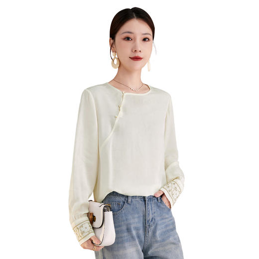 QS25秋季新款真丝丝绒国风袖口拼织带时尚衬衣对襟圆领长袖上衣2325 商品图4