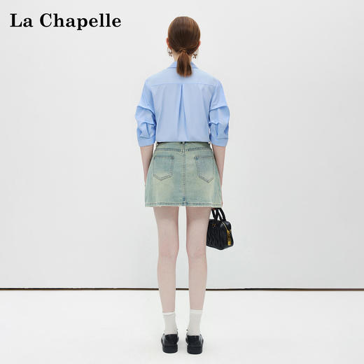 会员福利【丝滑、抗皱+垂坠】拉夏贝尔/La Chapelle翻领单口袋褶皱衬衫女纯色简约高级感休闲宽松通勤衬衣秋 商品图2