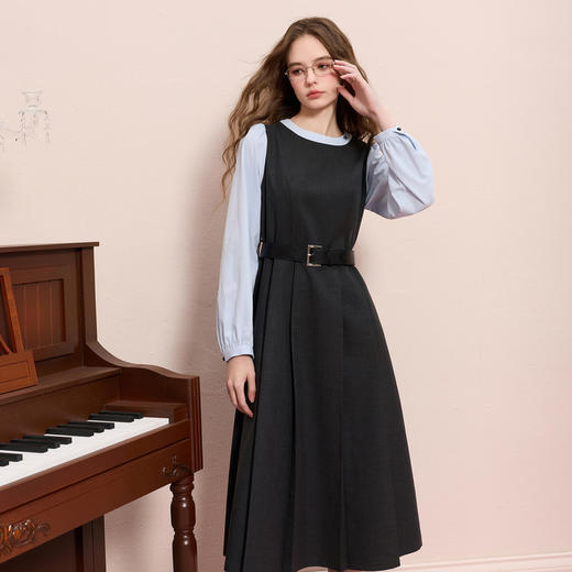 三彩2025冬季新款假两件连衣裙圆领收腰A字裙中长裙M 商品图1