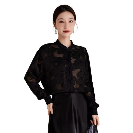 QS2025秋季新款真丝桑蚕丝女法式通勤薄款新中式立领宽松上衣1791 商品图4