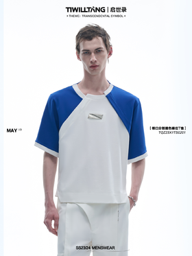 TIWILLTANG 启世录“裂陌”领口分割撞色错位T恤夏季宽松拼接短袖